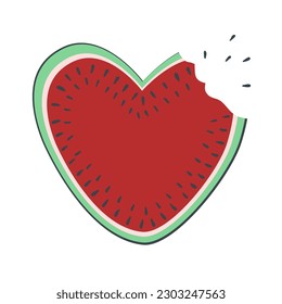 Cute heart shape watermelon slice eaten taste. Summer taste concept. Flat cartoon style, vector isolated illustration.