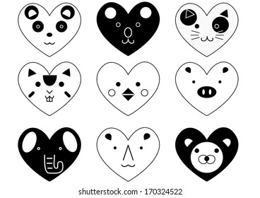 cute heart shaped animals set