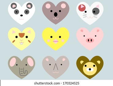 cute heart shaped animals set