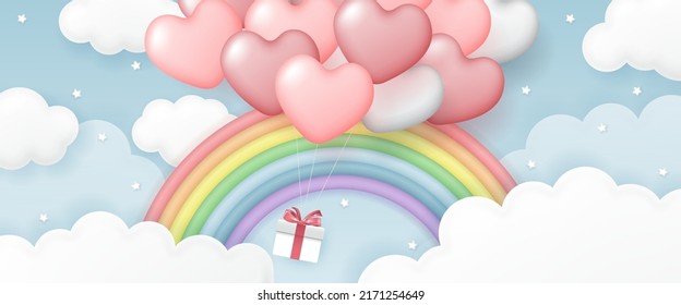 Cute heart shaped balloon banner with gift box and little stars on rainbow sky background for kid banner, baby shower, social media wallpaper, Valentines day and birthday party.