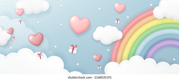 Cute heart shaped balloon with gift box and little stars on rainbow sky background for kids banner, baby shower, social media wallpaper, Valentines day and birthday party.