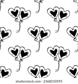 Cute heart shaped balloons seamless vector pattern. Festive accessory for Valentine's Day, wedding, love party, date. Hand drawn doodle. Festive black and white background for print, posters, cards