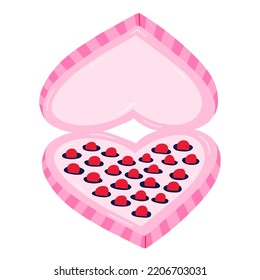 Cute heart shaped box of chocolates. Sweet food. Pink hand drawn vector clipart isolated. Concept of love, romance, holiday, 14 of February. For Valentine's day card, stickers, social media, scrapbook