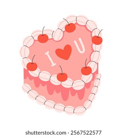 Cute heart shaped cake. Coquette cake. Perfect for celebration Valentine Day, wedding day, anniversary. Vector illustration in flat style