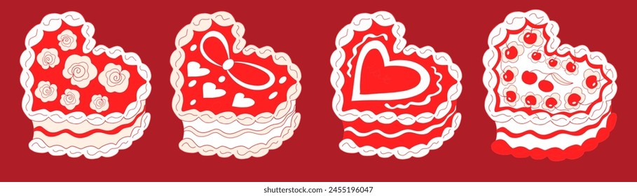 Cute heart shaped cake set with cherry. Cakes collection coquette. A sweet dessert in the style of y2k. Vector illustration