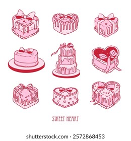 Cute heart shaped cakes set with bows. A sweet dessert in coquette girly style of y2k. Vector hand drawn contour illustration