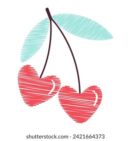 Cute Heart Shaped Cherries. line art, doodle. Simple Hand Drawn Vector Illustration Perfect For Poster, Card, Invitation, Tshirt Print, Playroom Wall Hanging Or Valentines Day Greeting Card. 