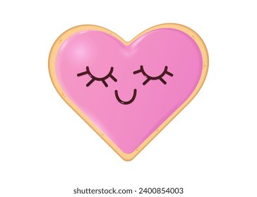 Cute heart shaped cookie with a smile and closed eyes on a white background. Holiday dessert with pink confectionery glaze