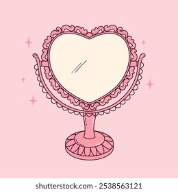 Cute heart shaped double-sized table mirror in pink color. Self care and make up routine concept. Vintage ornate girly decoration. Coquette clipart. Vector illustration