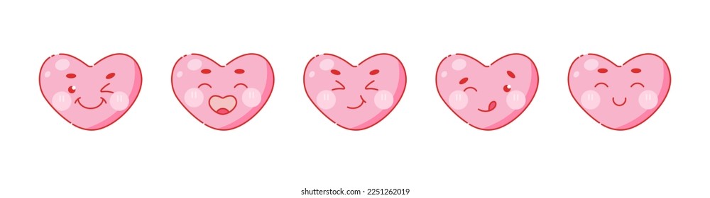 Cute heart shaped icons. Cuties with funny anime faces for Valentine's Day decoration. Pink vector emoji set.