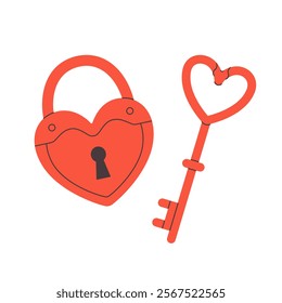 Cute heart shaped key and lock. Valentine's Day sticker. Wedding vow. Vector illustration in flat style