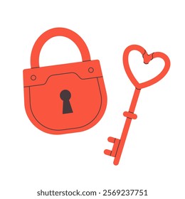 Cute heart shaped key and lock. Valentine's Day sticker. Wedding vow. Vector illustration in flat style