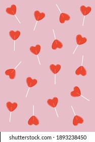 Cute Heart Shaped Lollipop Candy Pattern on Pink Background. Simple Hand Drawn Vector Illustration. Ideal for Textile, Fabric Prints, Wrapping Paper, Valentines Gift Card, Poster Or Invitation.