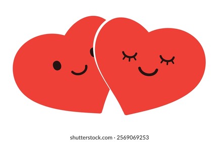 Cute Heart Shaped Lover Couple Figures - Minimalist Red Valentine's Hearts with Smiling Faces - Togetherness, Bonding Concept - Multi Purpose Illustration Vector Design Isolated on White Background