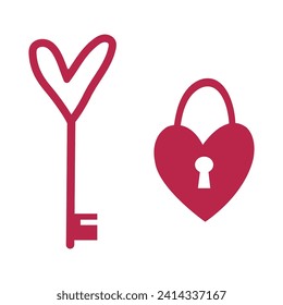 Cute heart shaped padlock and key. Valentine's Day design element. Isolated on white.