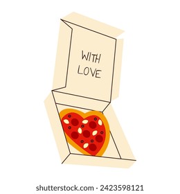 Cute heart shaped pizza in a box. Love theme. Pizza in hand drawn style. Vector illustration with white isolated background. 