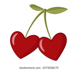 Cute heart shaped red cherries doodle style. Hand drawn Trendy flat style cartoon isolated icon. Bright cherries fruit for poster, T shirt Print, Valentines Day Greeting Card. Vector illustration