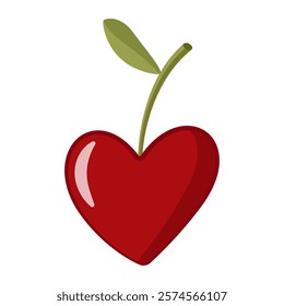 Cute heart shaped red cherry doodle style. Hand drawn Trendy flat style cartoon isolated icon. Bright cherry fruit for poster, T-shirt Print, Valentine’s Day Greeting Card. Vector illustration