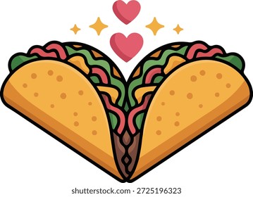 Cute Heart Shaped Taco Vector Illustration with Hearts and Sparkles