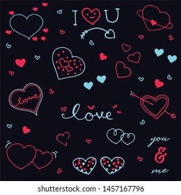 Cute heart shapes and love lettering doodle vector pattern blue.