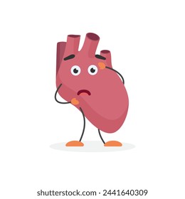 Cute heart with shock expression, upset shocked scared human organ character vector illustration