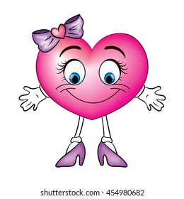 Cute heart in shoes and bows. Vector illustration for greeting card, poster, or print on clothes. Heart with legs.