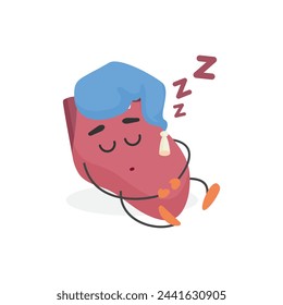 Cute heart sleeping in hat with pompom, funny human organ character in nightcap snoring vector illustration