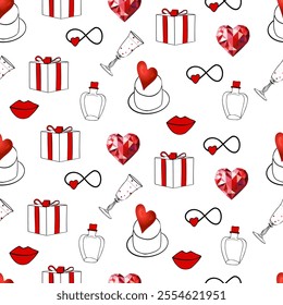 Cute Heart and Strawberry Themed Pattern. Romantic Icon Pattern with Hearts and Envelopes