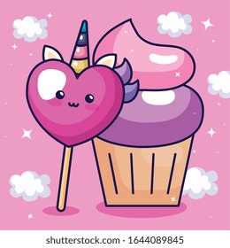 cute heart unicorn kawaii style with cupcake vector illustration design