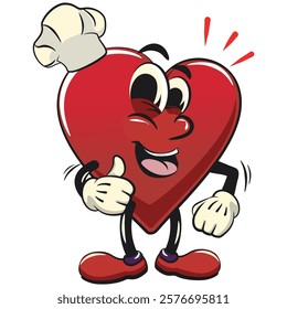 Cute heart vektor illustration mascot character love being chef give thumbs up, work of hand drawn