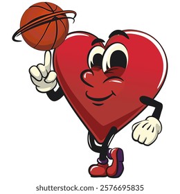 Cute heart vektor illustration mascot character spin the basketball with the index finger, work of hand drawn