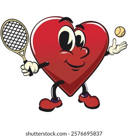 Cute heart vektor illustration mascot character playing tennis, work of hand drawn