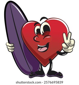 Cute heart vektor illustration mascot character with surfboard and gave a peace sign, work of hand drawn