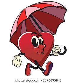 Cute heart vektor illustration mascot character walking with an umbrella, work of hand drawn