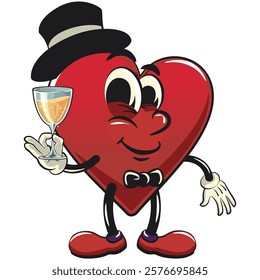 Cute heart vektor illustration mascot character wearing hat and bow tie raising a wine glass, work of hand drawn