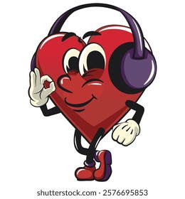 Cute heart vektor illustration mascot character listening to headset while dancing, work of hand drawn