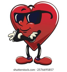 Cute heart vektor illustration mascot character wearing sunglasses folding his arms calmly, work of hand drawn