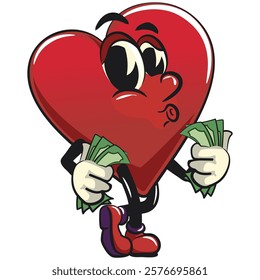 Cute heart vektor illustration mascot character carrying money while whistling, work of hand drawn