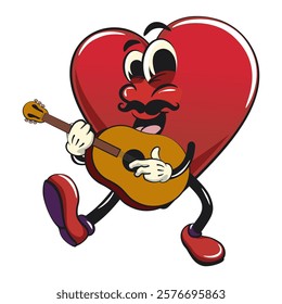 Cute heart vektor illustration mascot character with moustache playing guitar, work of hand drawn