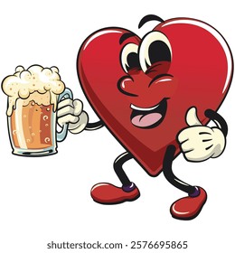 Cute heart vektor illustration mascot character lift a big glass of beer, work of hand drawn