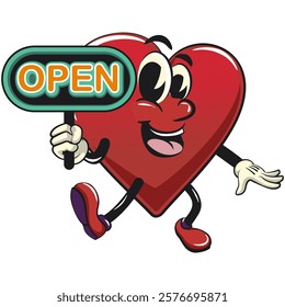 Cute heart vektor illustration mascot character showing a sign that says open, work of hand drawn