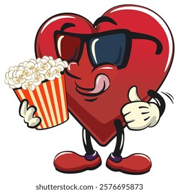 Cute heart vektor illustration mascot character with a bucket of popcorn with wearing 3d glasses, work of hand drawn