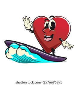 Cute heart vektor illustration mascot character surfing riding the waves, work of hand drawn