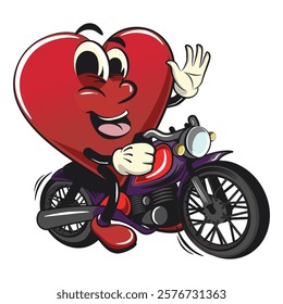 Cute heart vektor illustration mascot character riding a big motorcycle, work of hand drawn