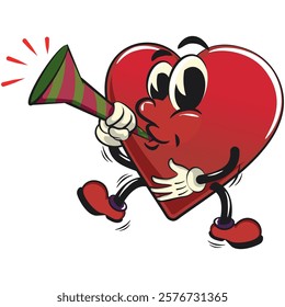 Cute heart vektor illustration mascot character blow the party horn trumpe, work of hand drawn