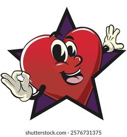 Cute heart vektor illustration mascot character out from of a star by giving an OK sign, work of hand drawn