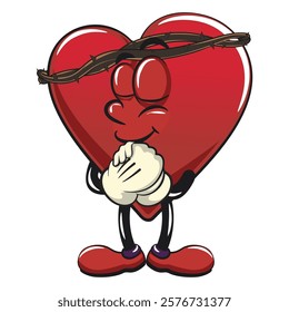 Cute heart vektor illustration mascot character crowned with thorns and fervent in prayer, work of hand drawn