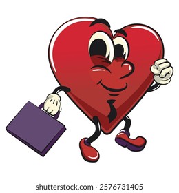 Cute heart vektor illustration mascot character wearing a tie and carrying a suitcase rushing to the office, work of hand drawn