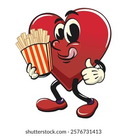 Cute heart vektor illustration mascot character brought a box of french fries, work of hand drawn