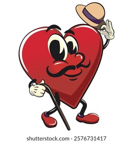 Cute heart vektor illustration mascot character walk with a stick and saluting with raised hat, work of hand drawn